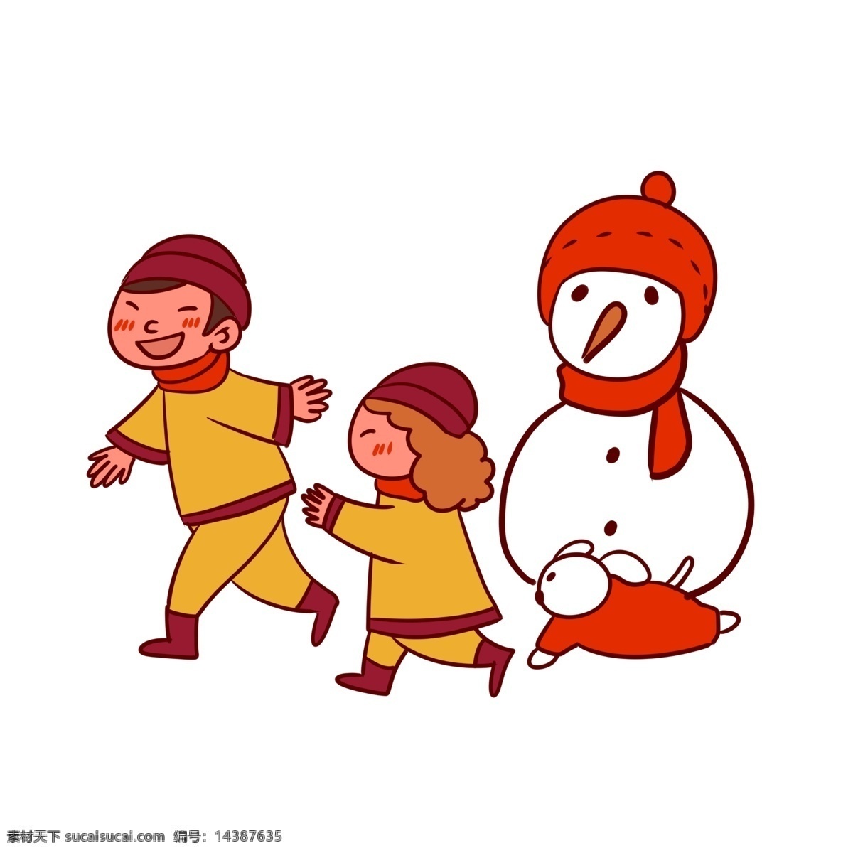 手绘 卡通 矢量 可爱 新年 快乐 免抠 猪年 新年快乐 小孩子 堆雪人 小白狗 帽子 围巾 保暖 喜气洋洋