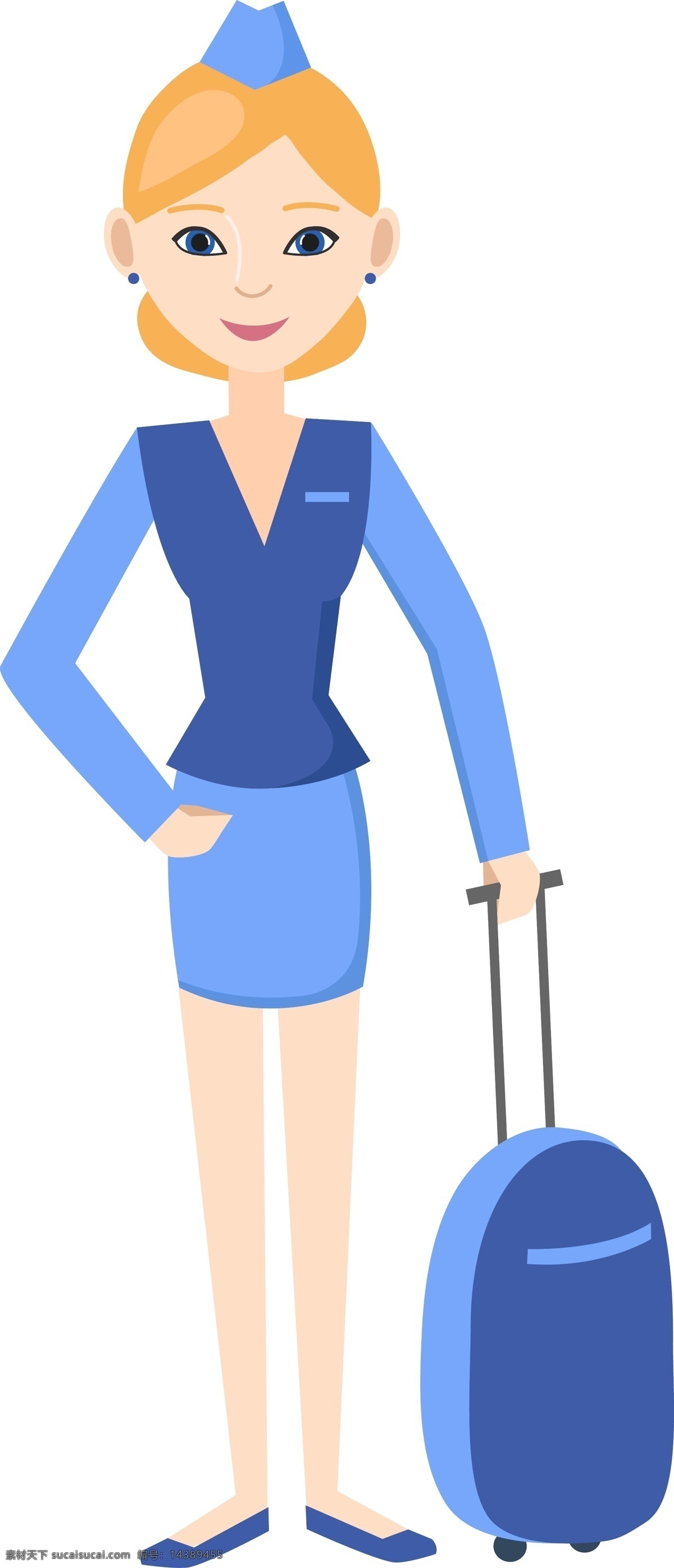 卡通空姐插画 空姐 空乘人员 蓝色制服 卡通人物 行李 人物图库 职业人物