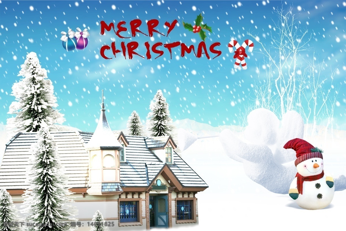 圣诞节 雪人 房子 圣诞树 白色