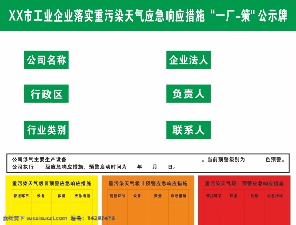 公示牌 一厂一策 绿色 重污染天气 执行措施 应急响应措施 工业企业 重度污染 污染等级 污染措施