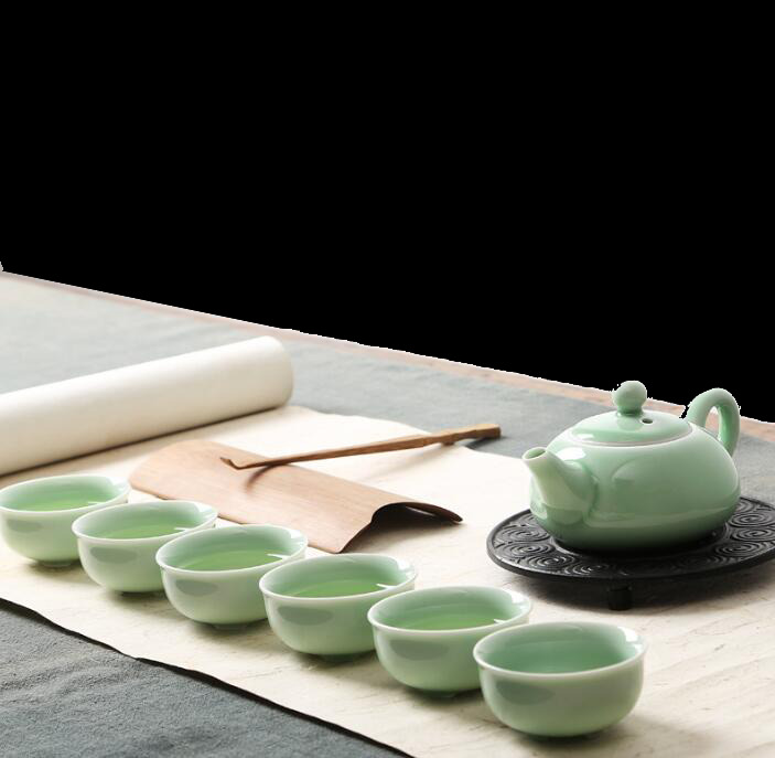 清雅 淡绿色 陶瓷 茶具 产品 实物 产品实物 木制夹子 浅色桌布 深色茶盘 陶瓷茶具